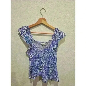 Japna farm rio mattise inspired blue on white ruffled top. Size XS
